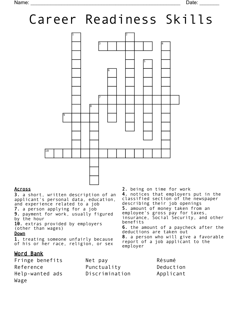Career Readiness Skills  Crossword