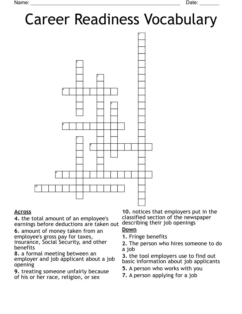 Career Readiness Vocabulary Crossword