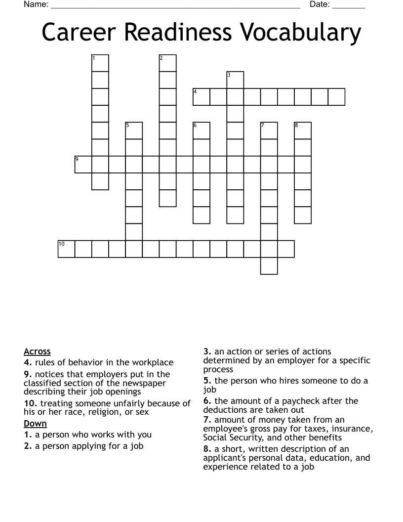 Career Readiness Vocabulary Crossword