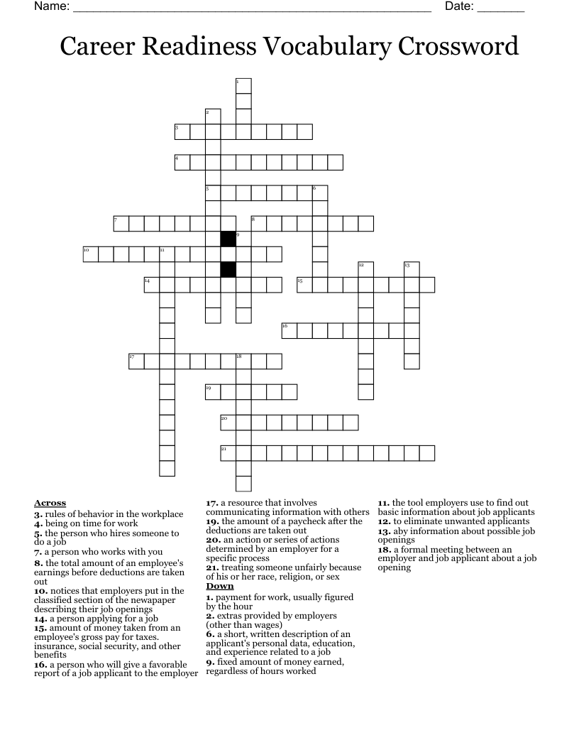 Career Readiness Vocabulary Crossword