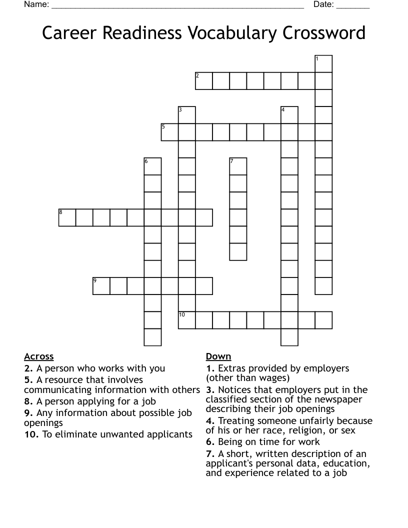 Career Readiness Vocabulary Crossword
