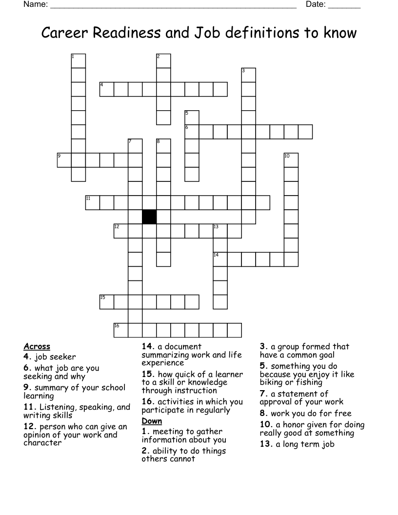 Career Readiness and Job definitions to know Crossword