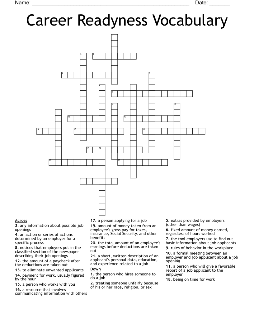 Career Readyness Vocabulary Crossword