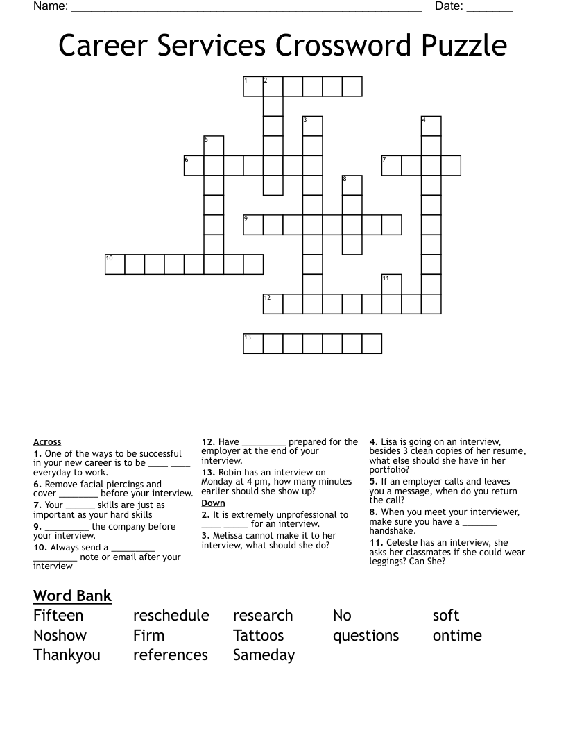 Career Services Crossword Puzzle