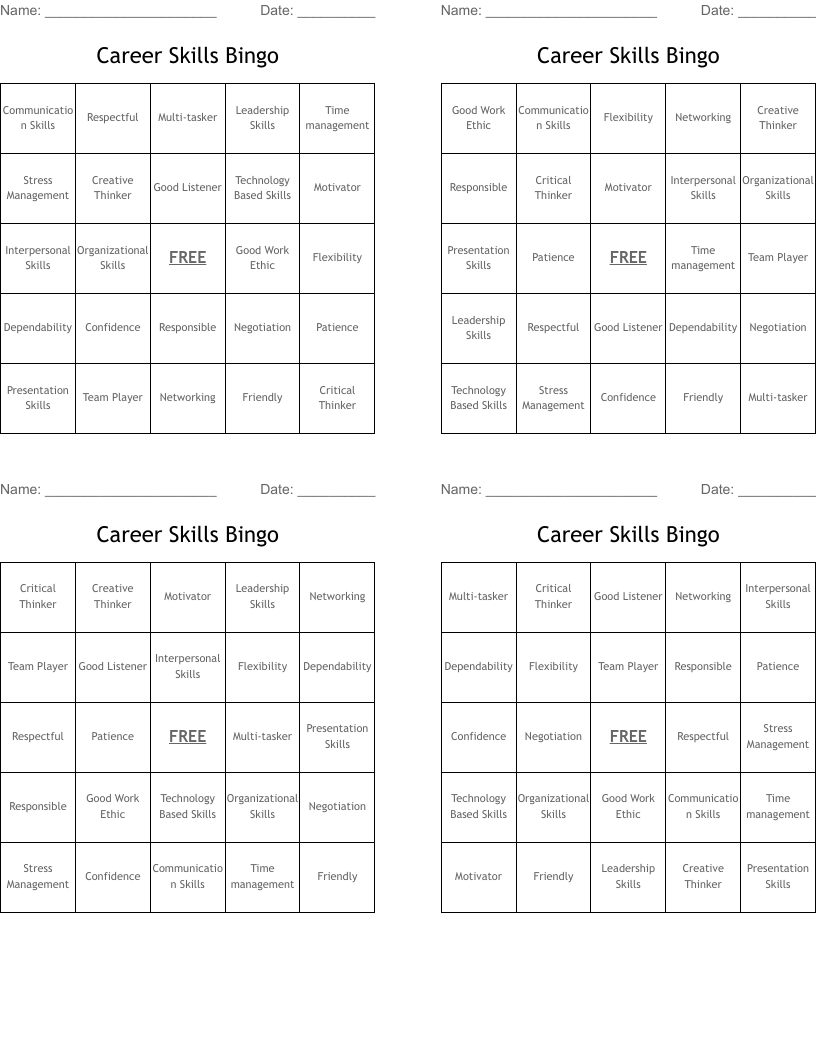 Career Skills Bingo