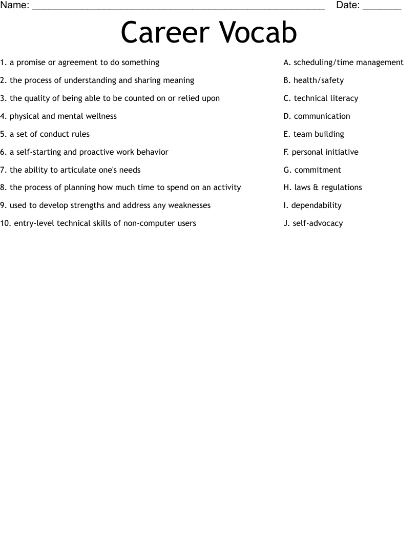 Career Vocab Worksheet