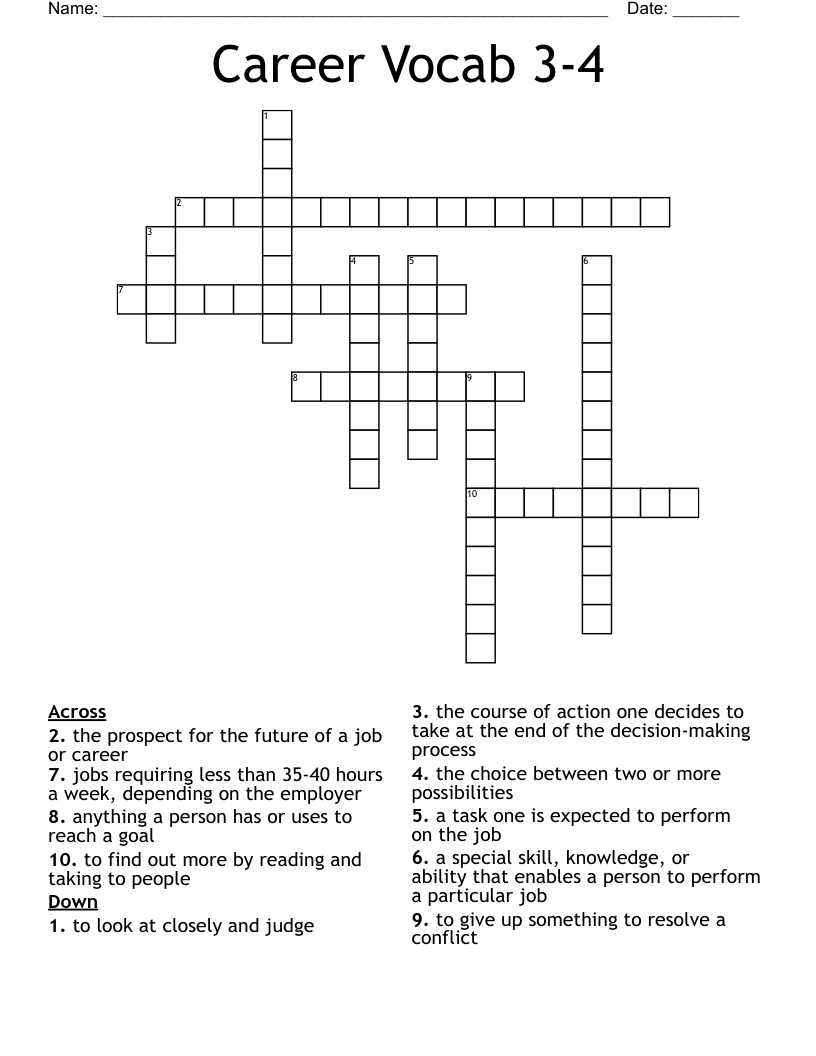 Career Vocab 3-4 Crossword