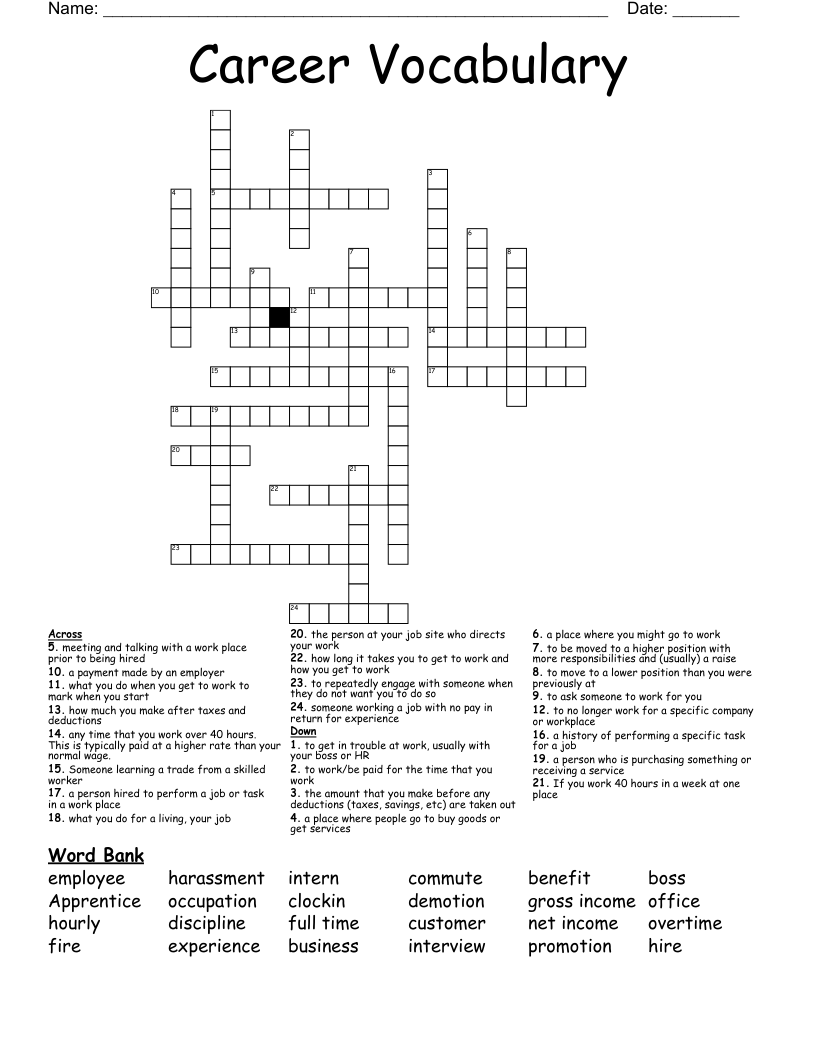 Career Vocabulary Crossword