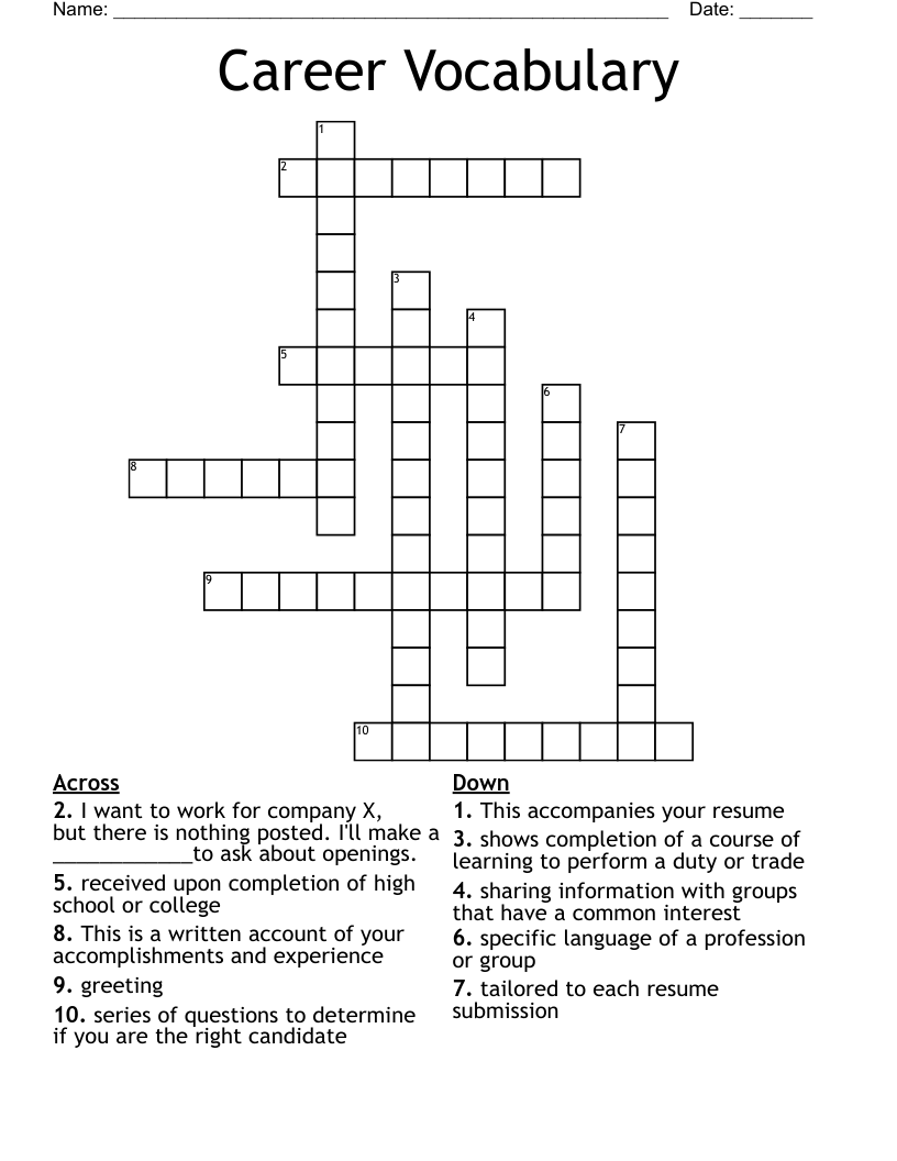 Career Vocabulary Crossword