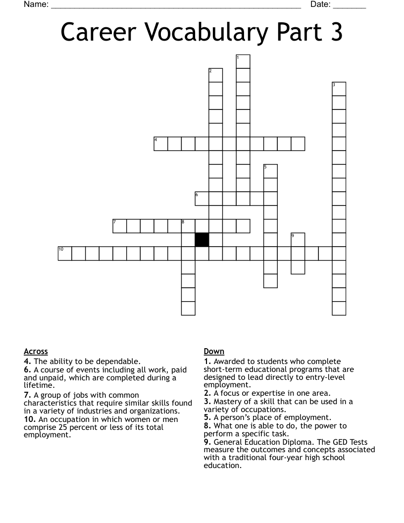 Career Vocabulary Part 3 Crossword