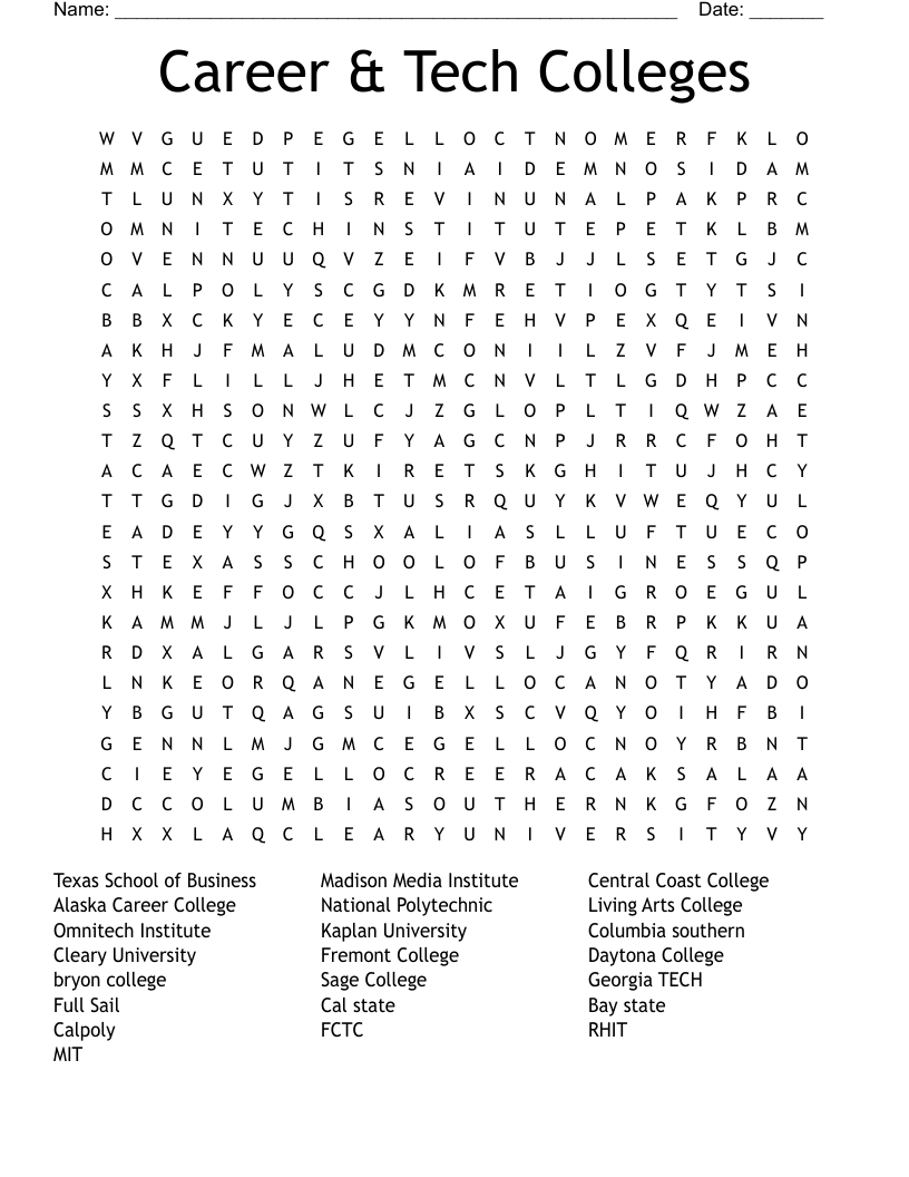 Career & Tech Colleges Word Search