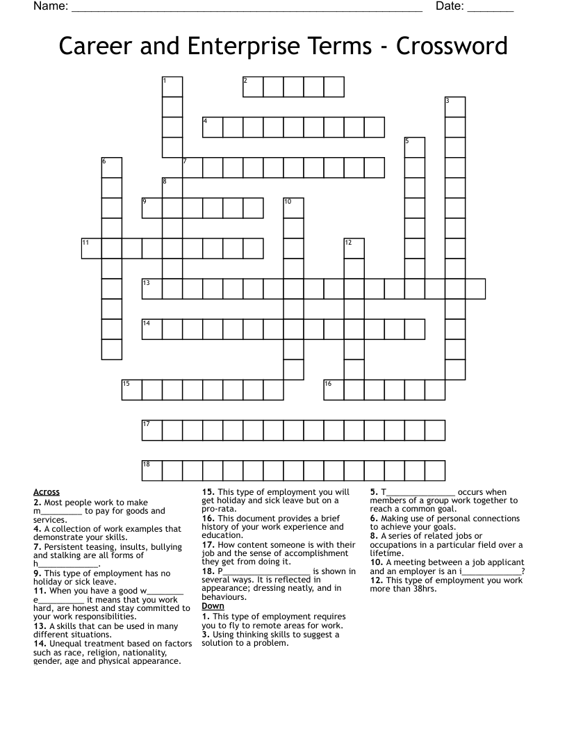 Career and Enterprise Terms - Crossword