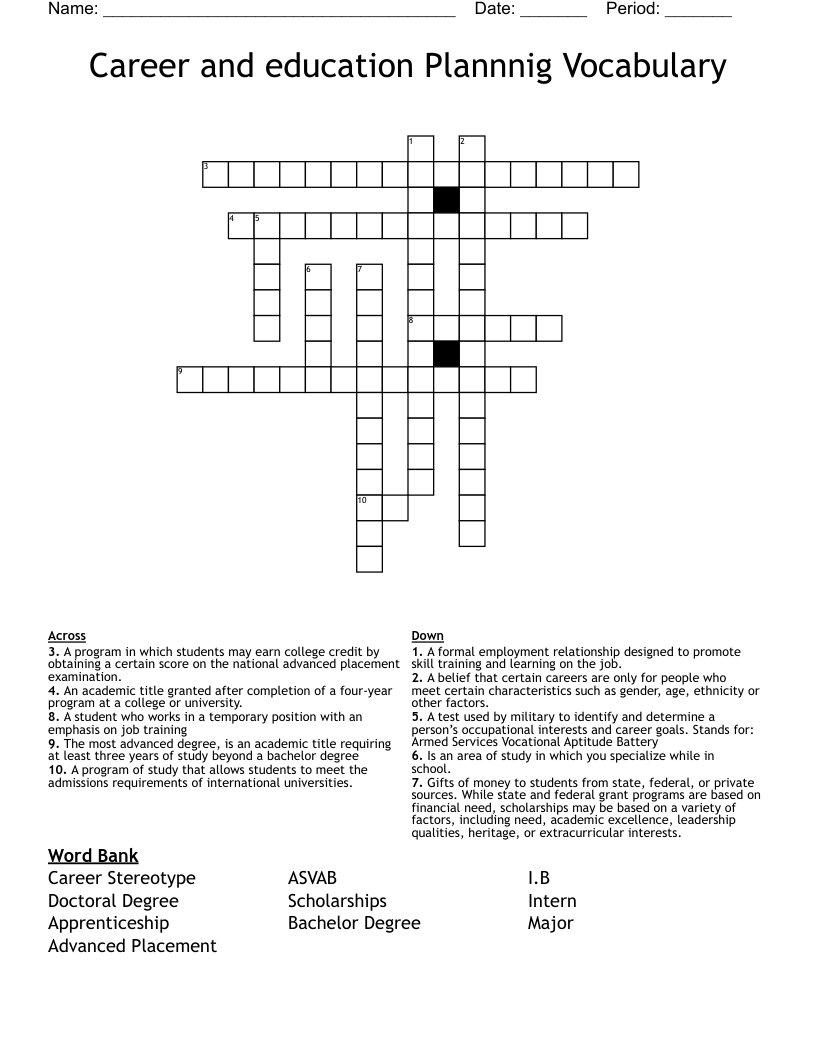 Career and education Plannnig Vocabulary  Crossword