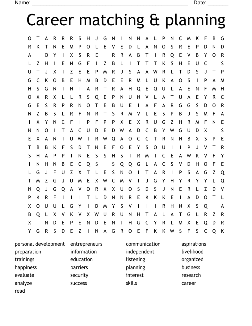 Career matching & planning Word Search