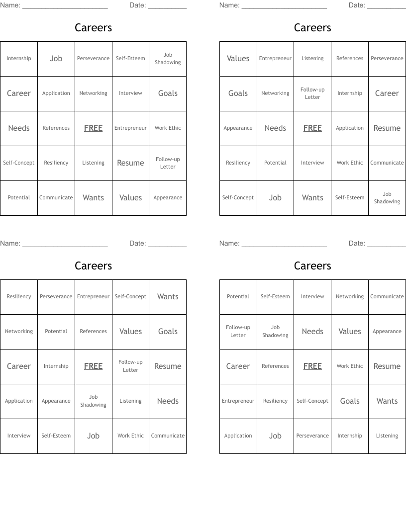 Careers Bingo Cards