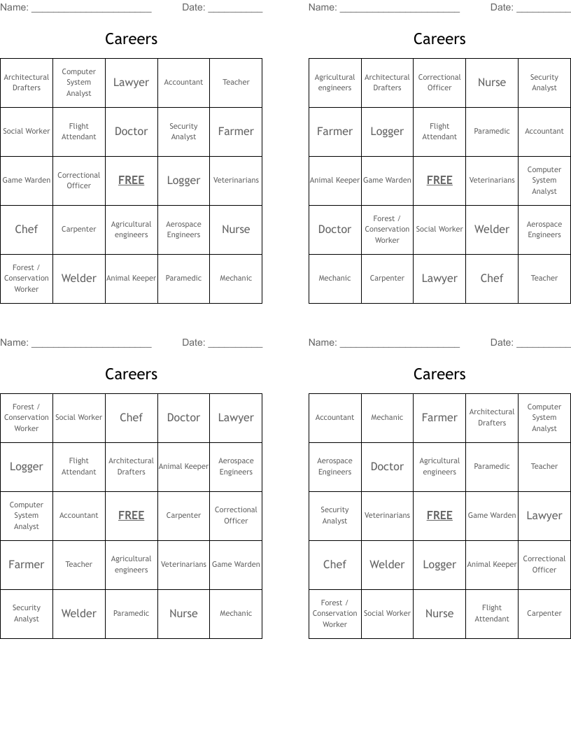 Careers Bingo Cards