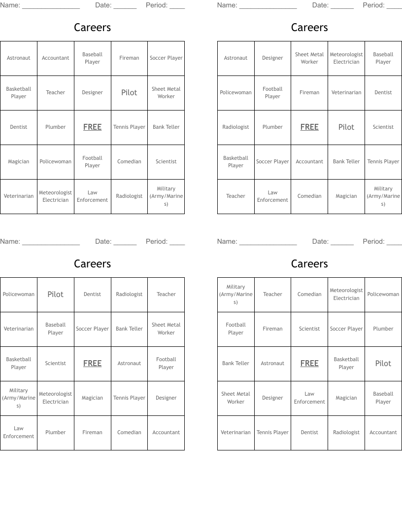 Careers Bingo Cards