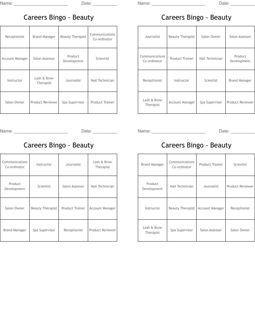 Careers Bingo - Beauty
