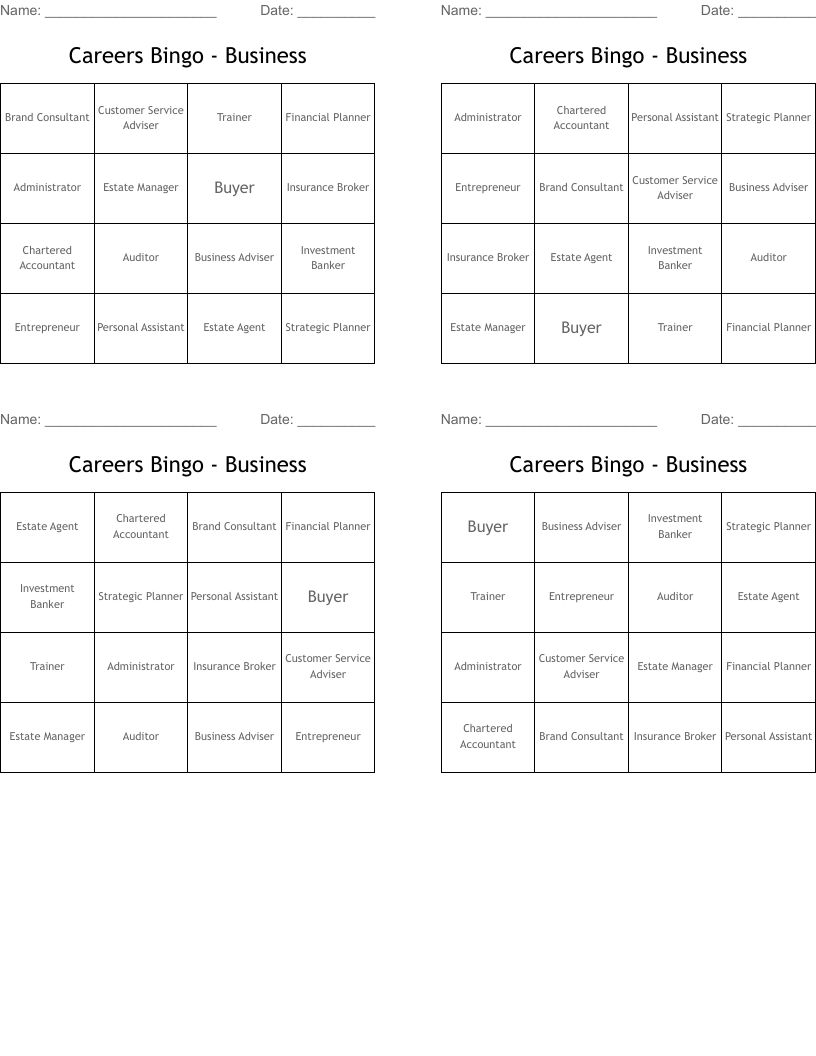 Careers Bingo - Business