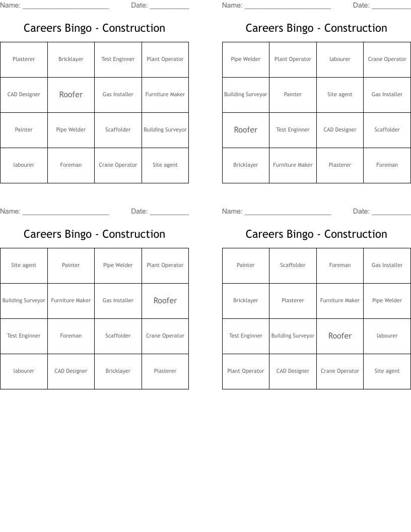 Careers Bingo - Construction