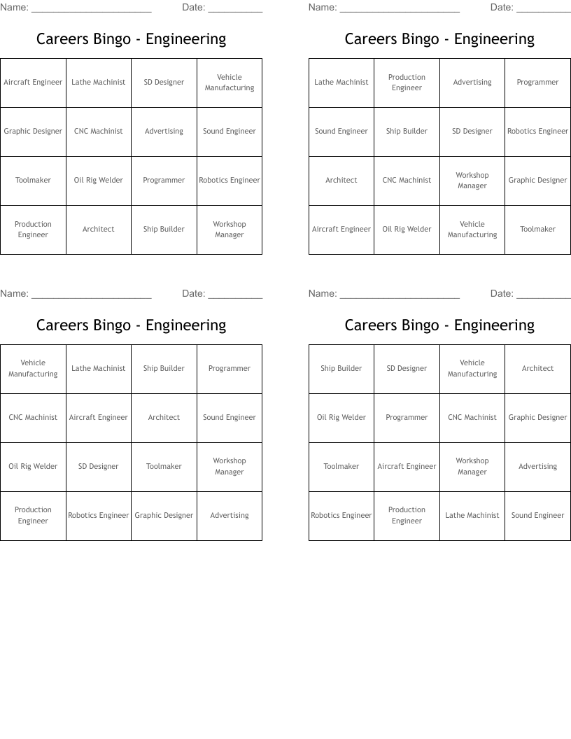 Careers Bingo - Engineering