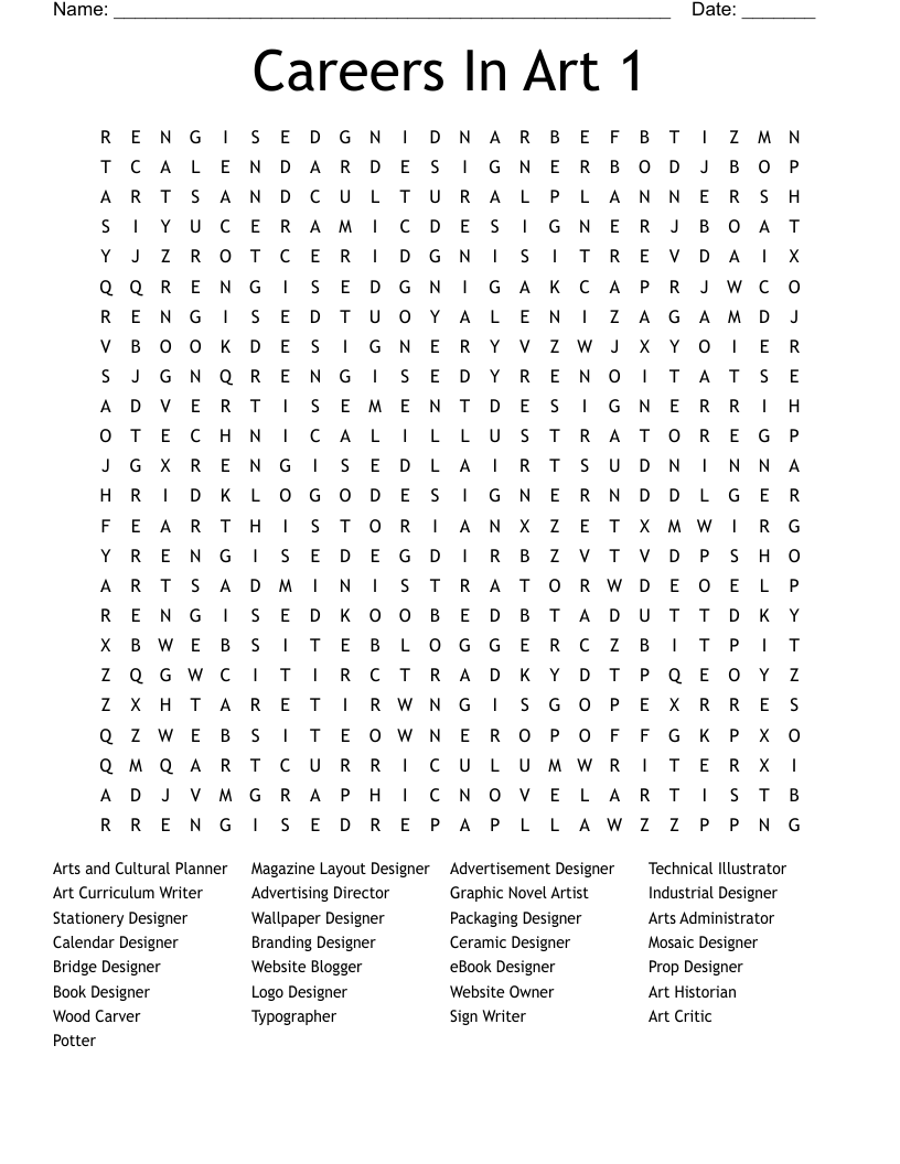 Careers In Art 1 Word Search