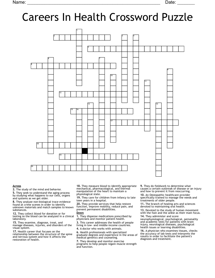 Careers In Health Crossword Puzzle