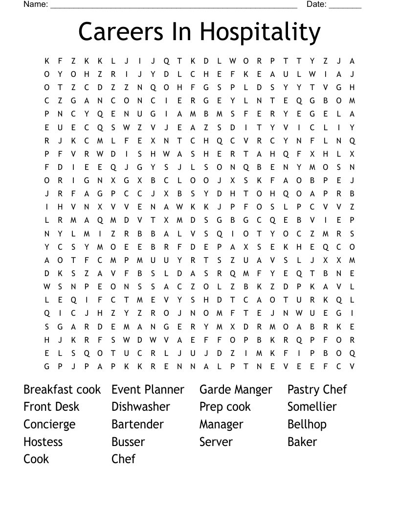 Careers In Hospitality  Word Search