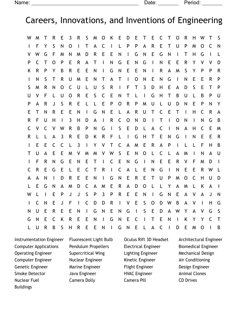 Careers, Innovations, and Inventions of Engineering Word Search