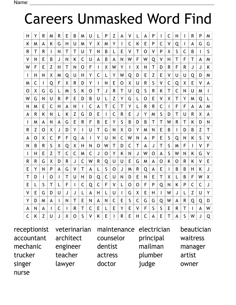 Careers Unmasked Word Find Word Search