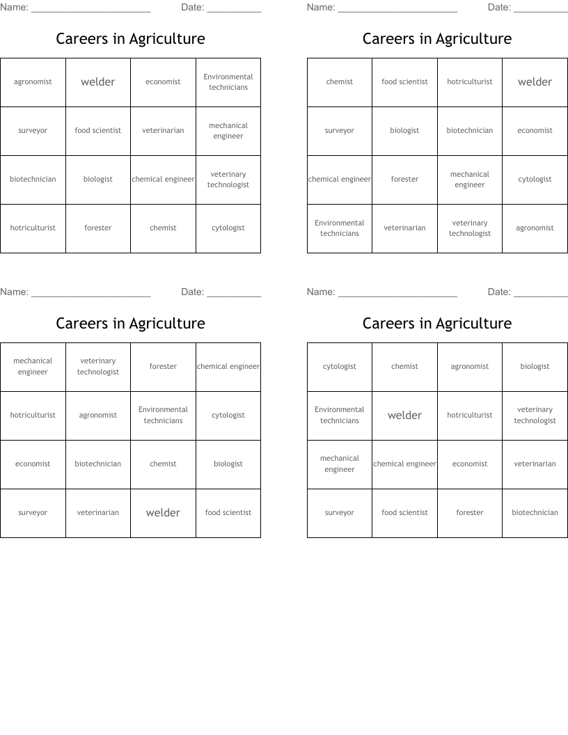 Careers in Agriculture Bingo Cards