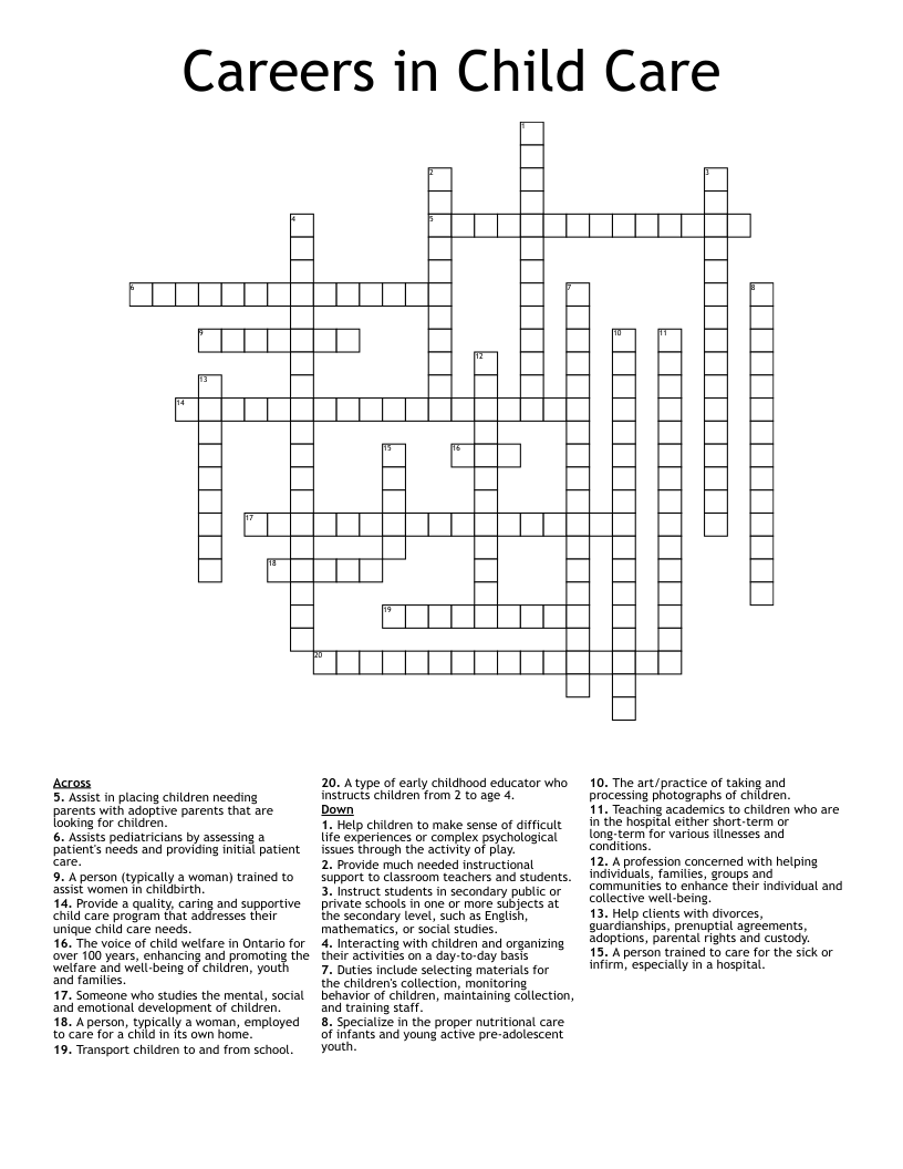 Careers in Child Care Crossword