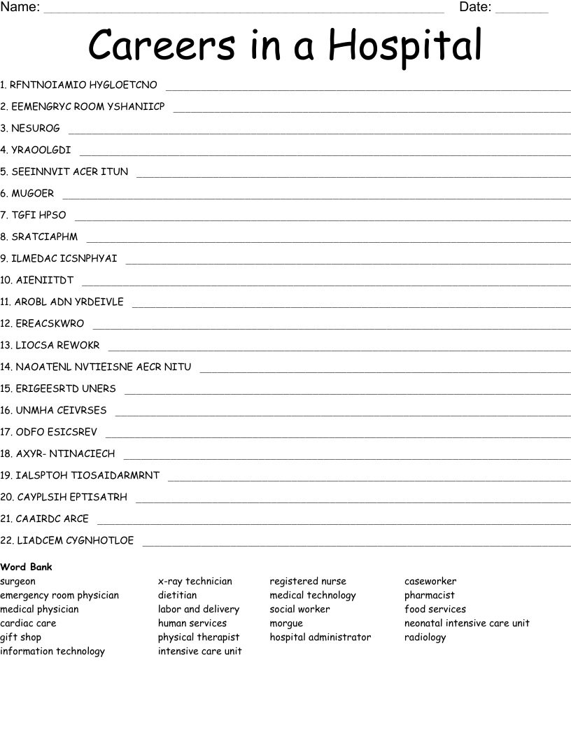 Careers in a Hospital Word Scramble