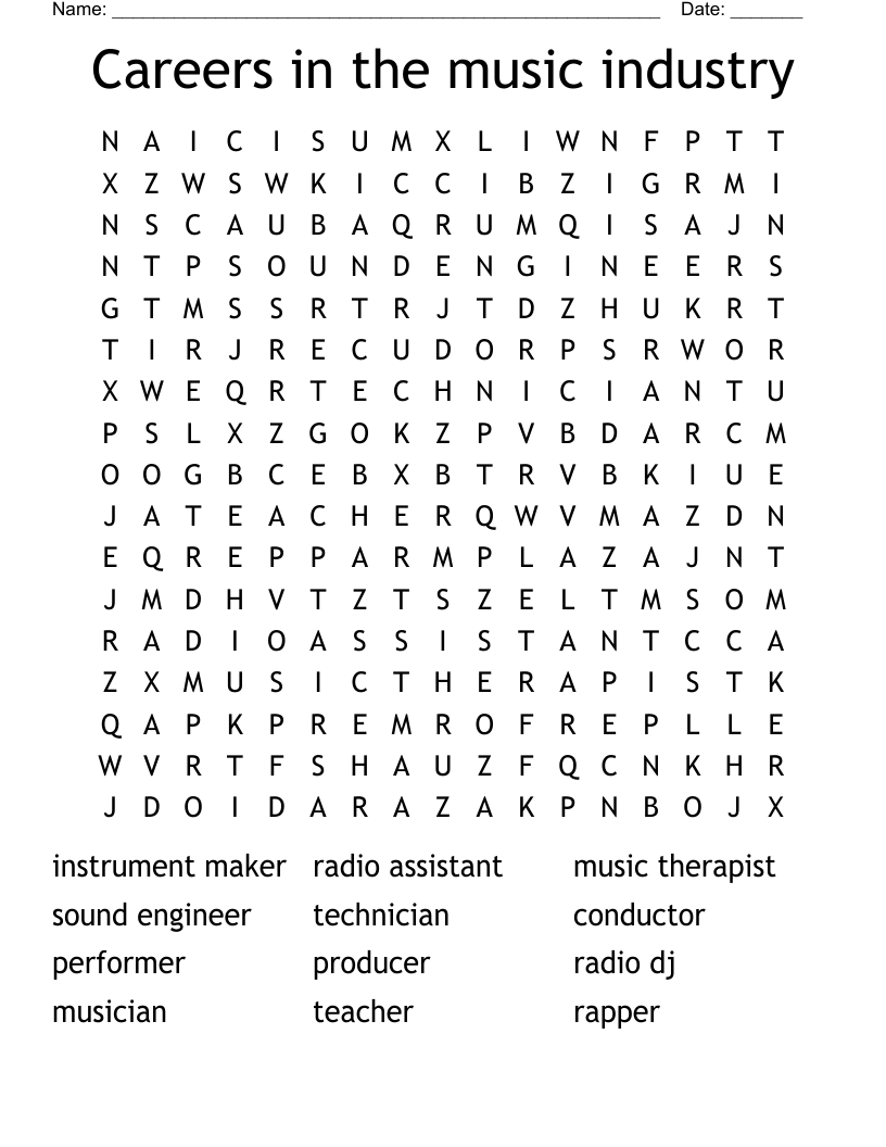 Careers in the music industry Word Search