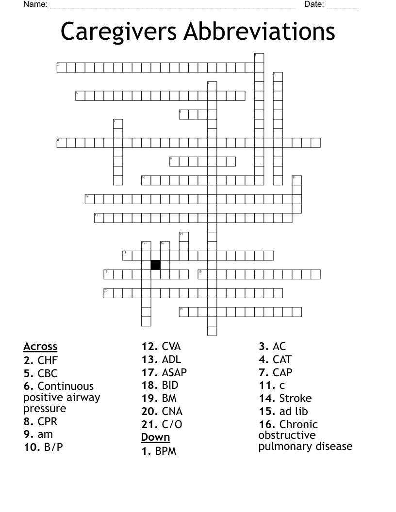 Caregivers Abbreviations Crossword