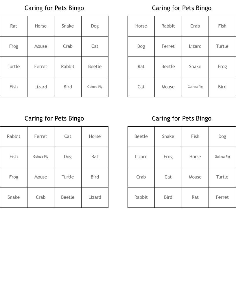 Caring for Pets Bingo