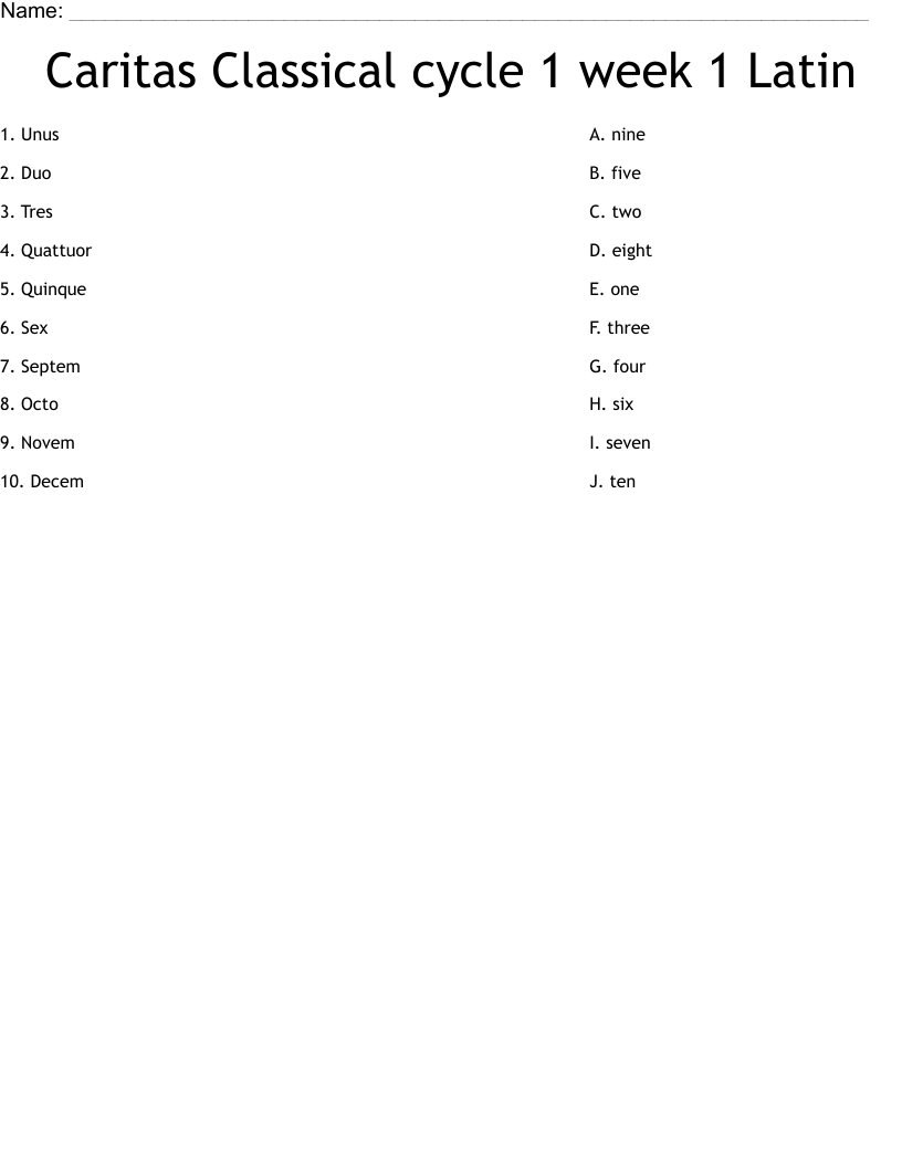 Caritas Classical cycle 1 week 1 Latin Worksheet