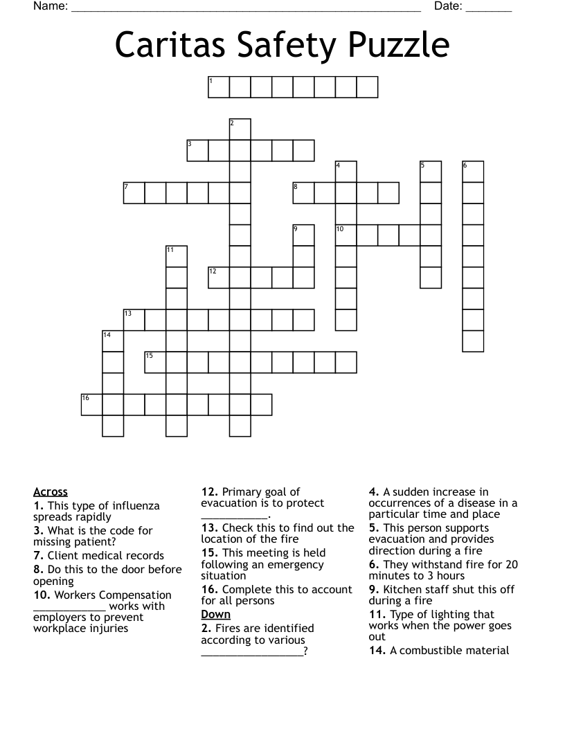 Caritas Safety Puzzle Crossword