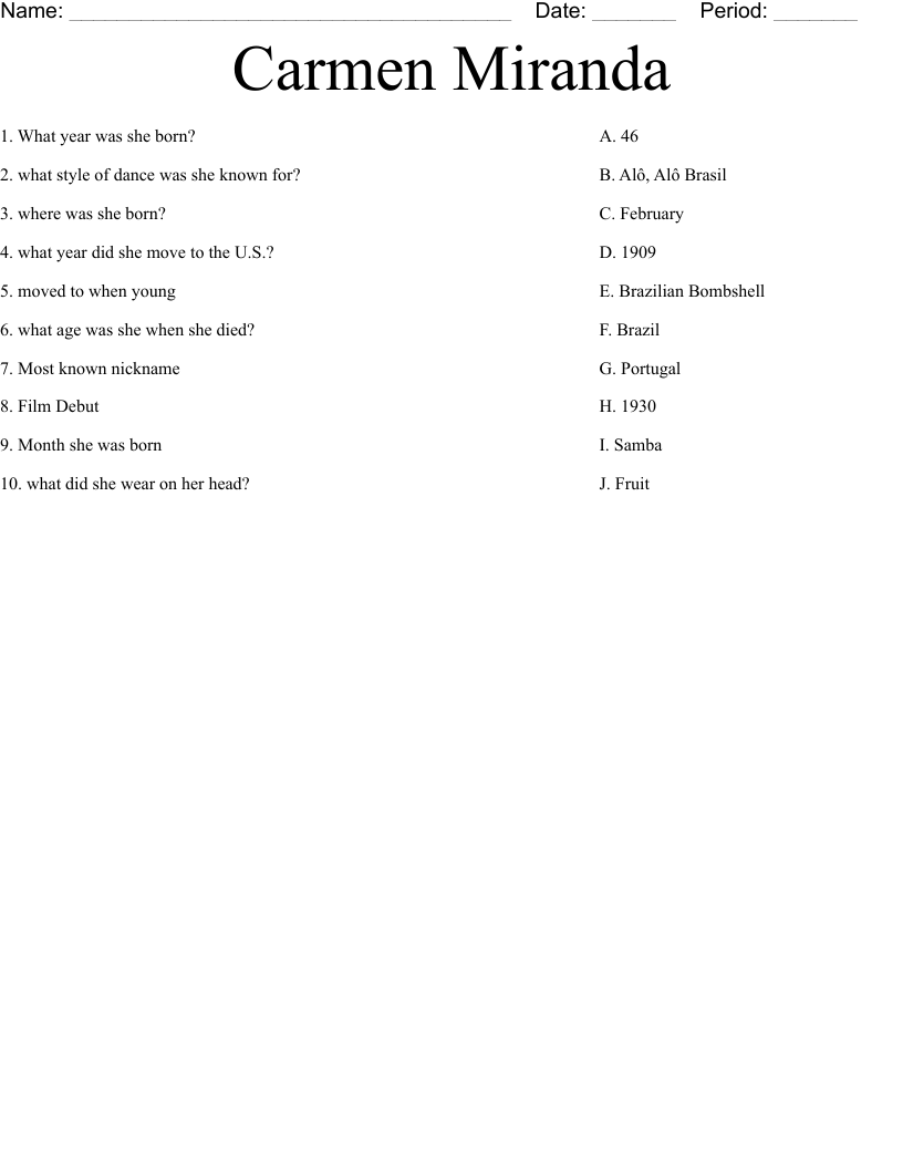 Carmen Miranda Worksheet