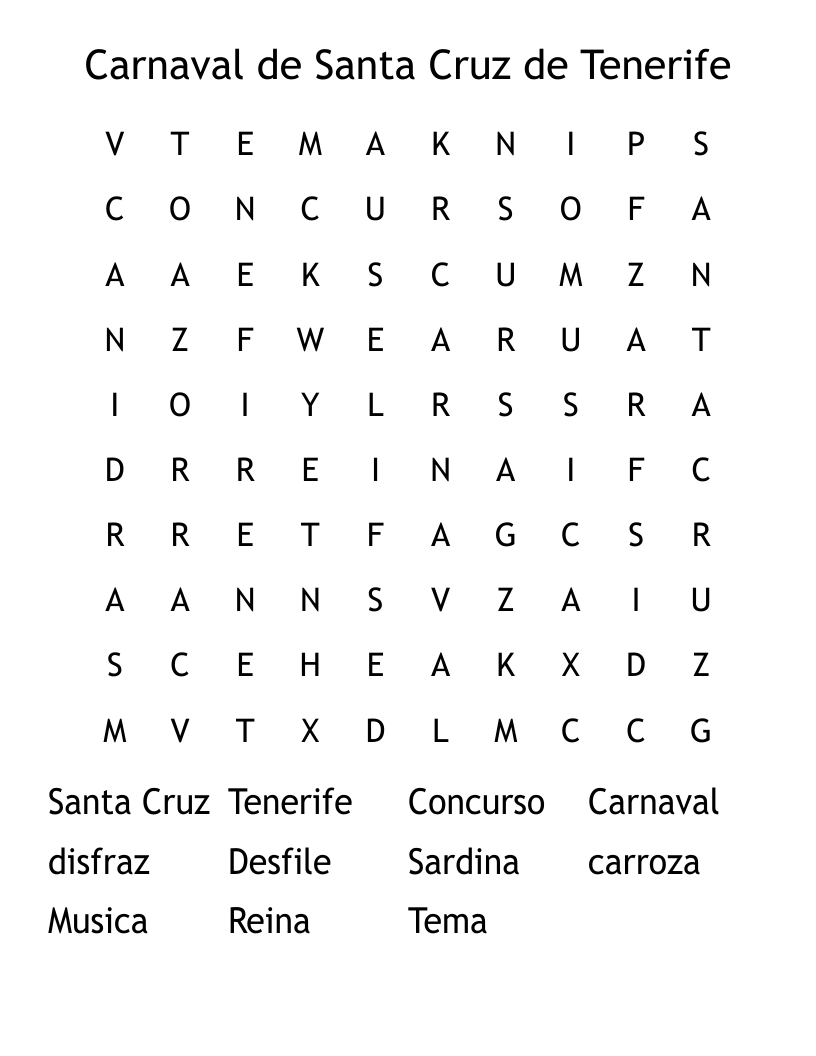 Carnaval de Santa Cruz de Tenerife Word Search
