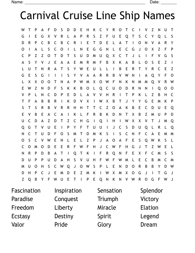 Carnival Cruise Line Ship Names Word Search