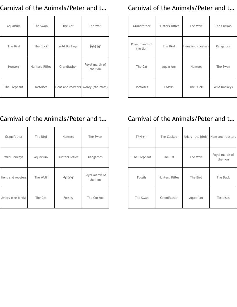 Carnival of the Animals/Peter and the Wolf Bingo Cards