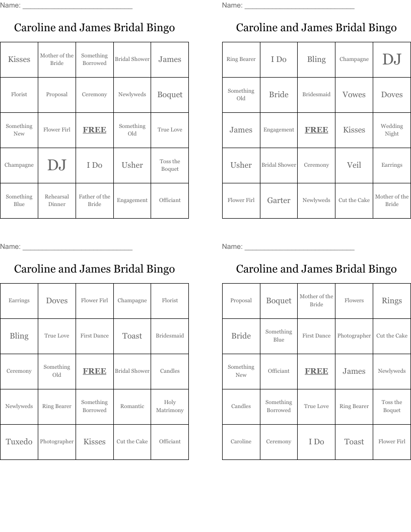 Caroline and James Bridal Bingo