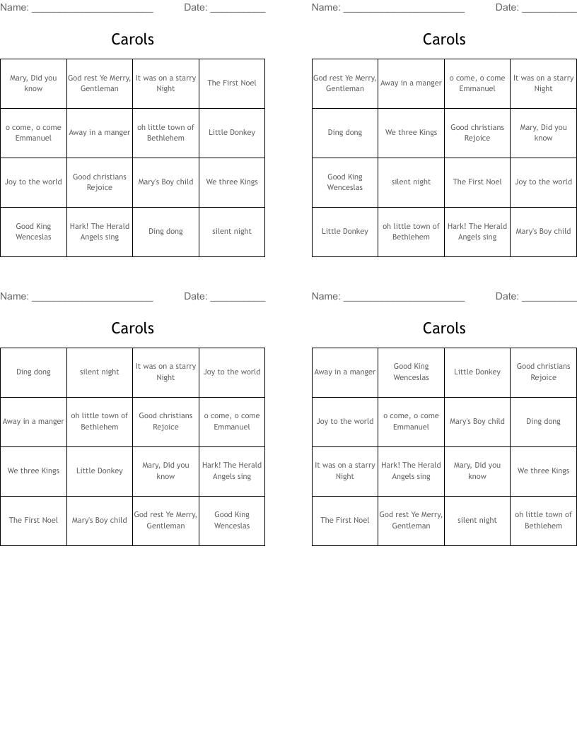 Carols Bingo Cards