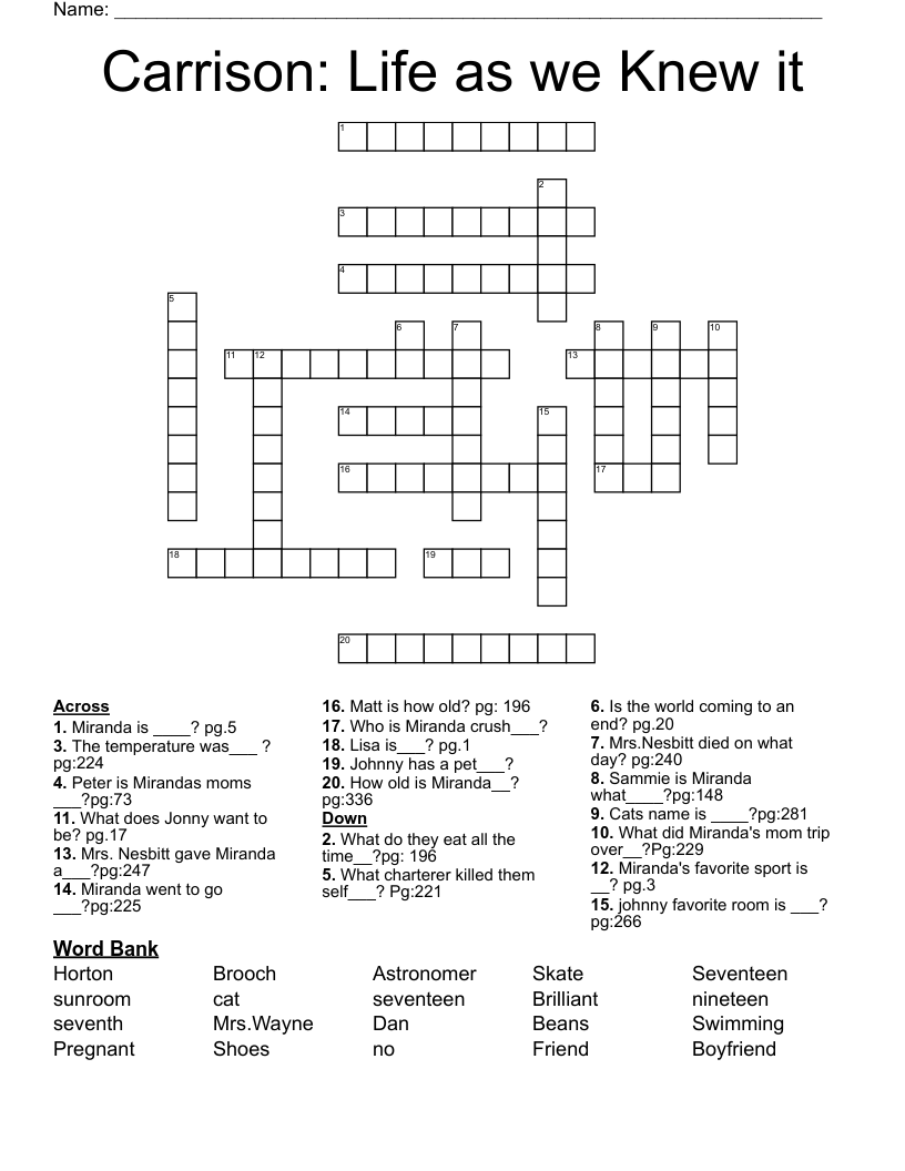 Carrison: Life as we Knew it  Crossword