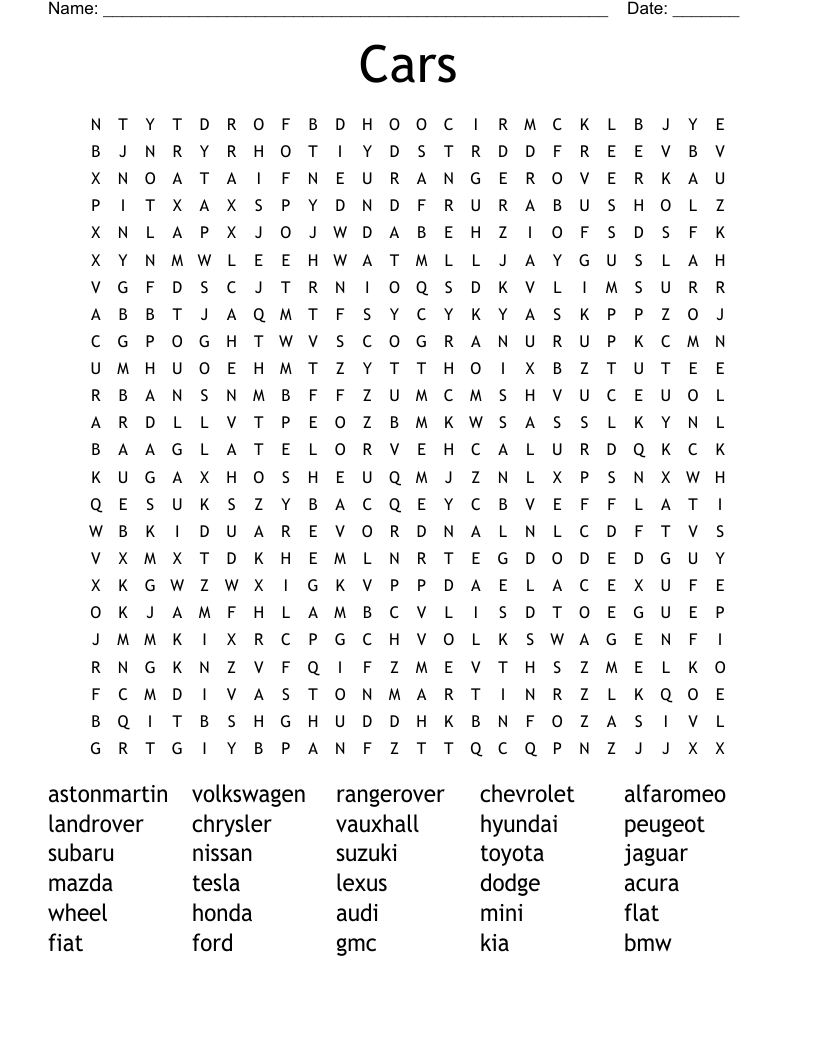 Cars Word Search