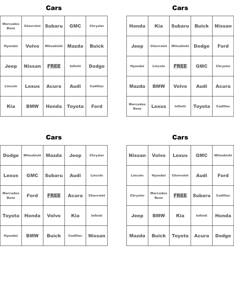 Cars Bingo Cards
