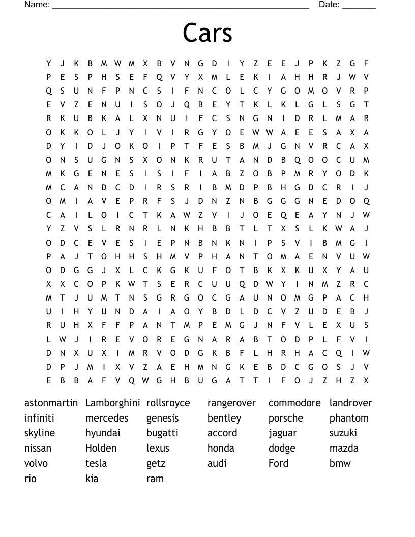 Cars Word Search