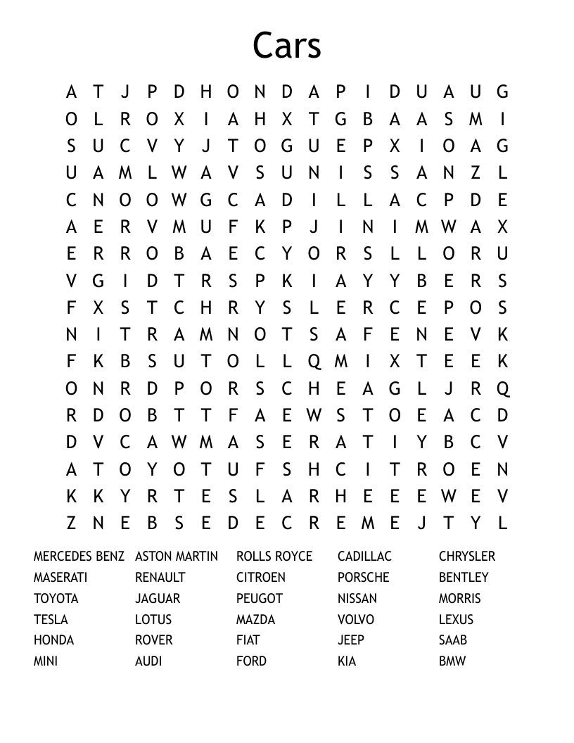 Cars Word Search