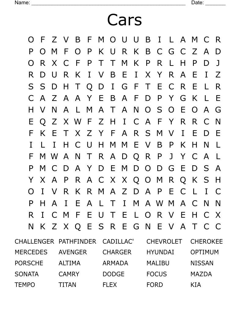 Cars Word Search